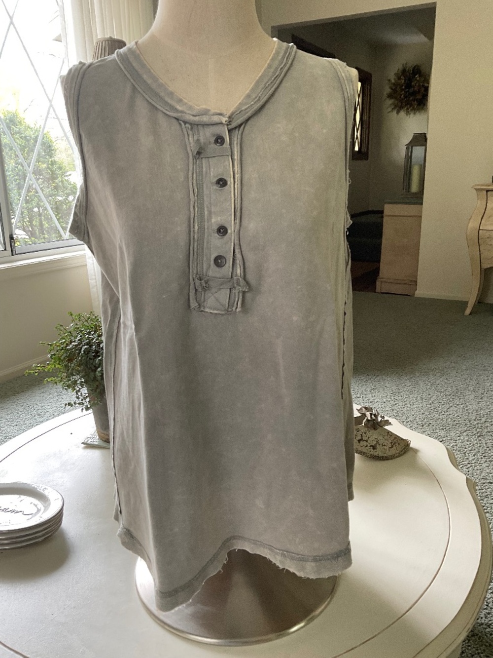 Found Cottage gray/blue Sleeveless Top, size L